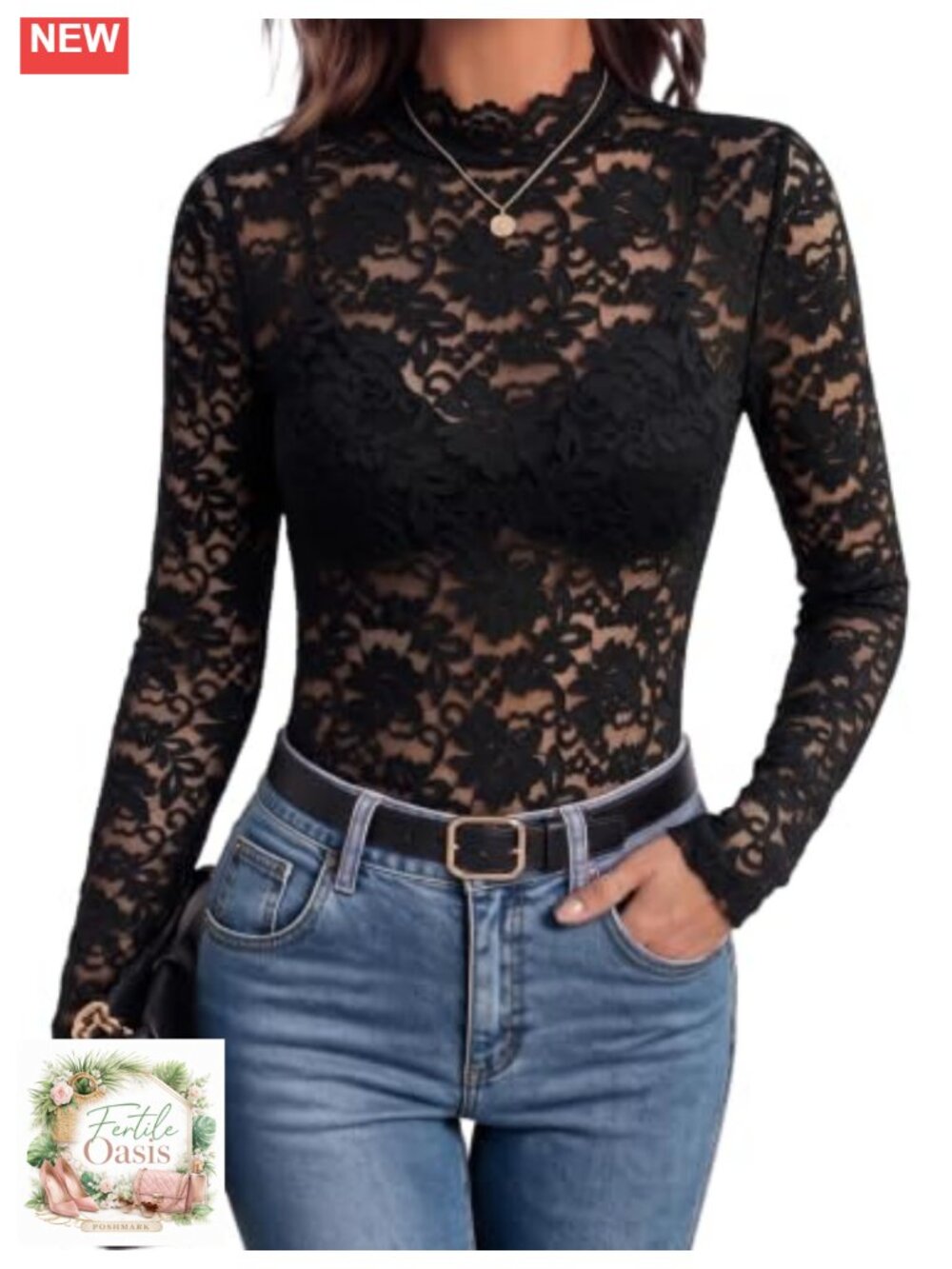 Lace Sheer Long Sleeve Mock Neck Mesh Top for Night Out